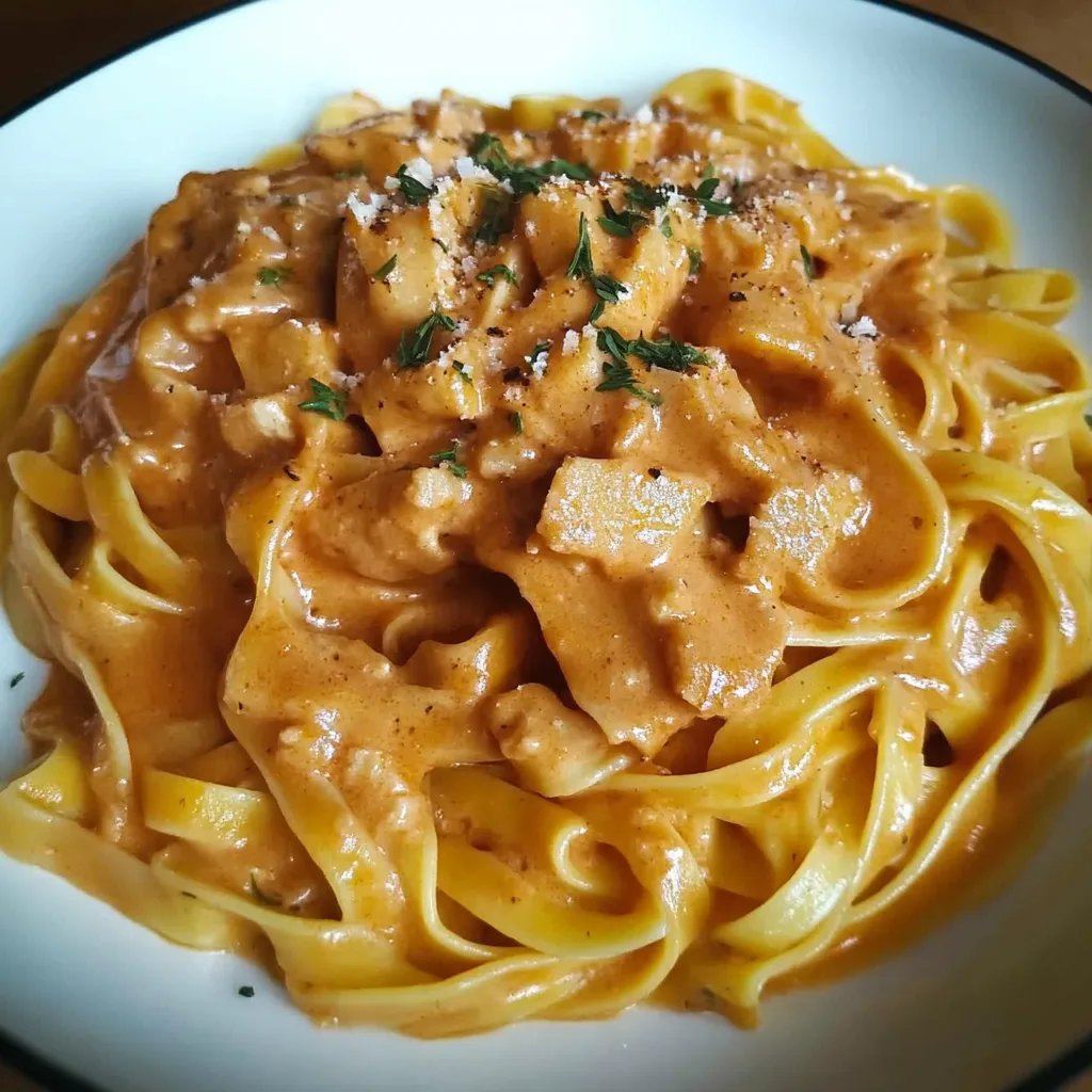 Cremiges Hähnchenragout mit Bandnudeln
